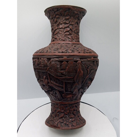 Chinese Cinnabar Vase Carved Super Rare Piece Original Antique 8 1/2" Tall - Picture 1 of 16